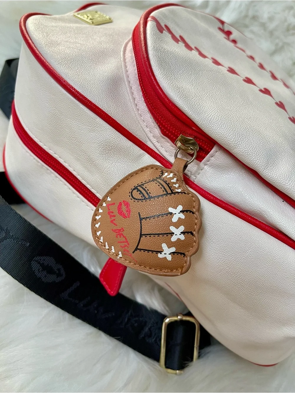 Betsey Johnson Baseball Backpack White Red Novelty Sports Bag Glove Charm